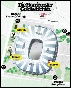 Geländeplan mit Eingängen und Ständen rund um das Stadion