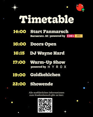 Zeitplan der Stadionshow mit Fanmarsch, Einlass, Warm-up und Auftritt